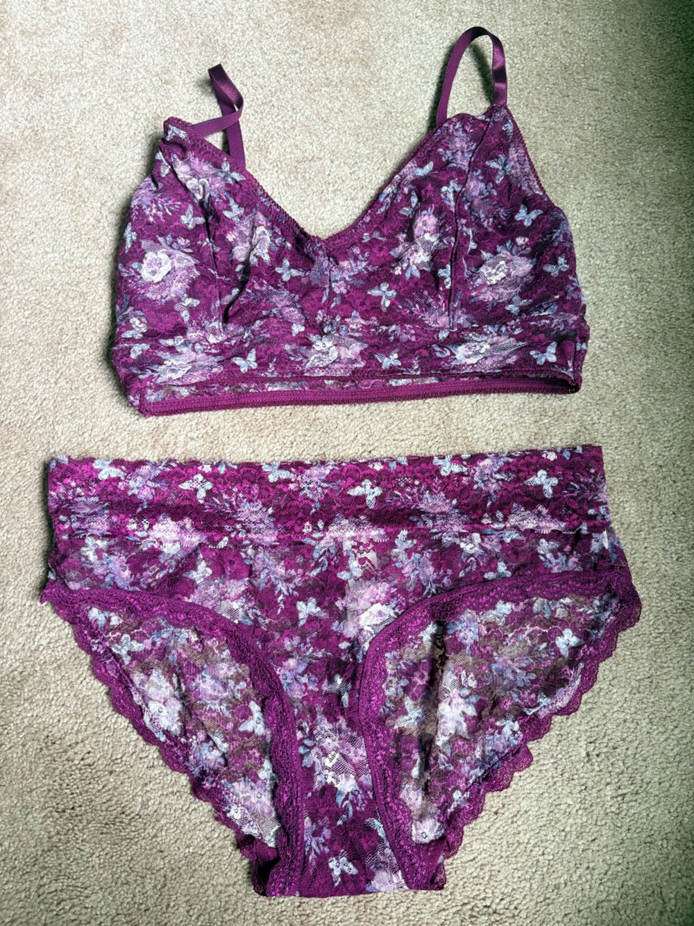 Jessica Simpson Floral Lace Bralette & Brief Set in Plum